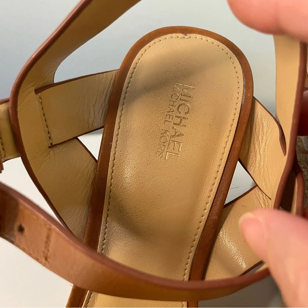 Michael Kors Tan Leather Espadrille Wedge Sandals Size 9